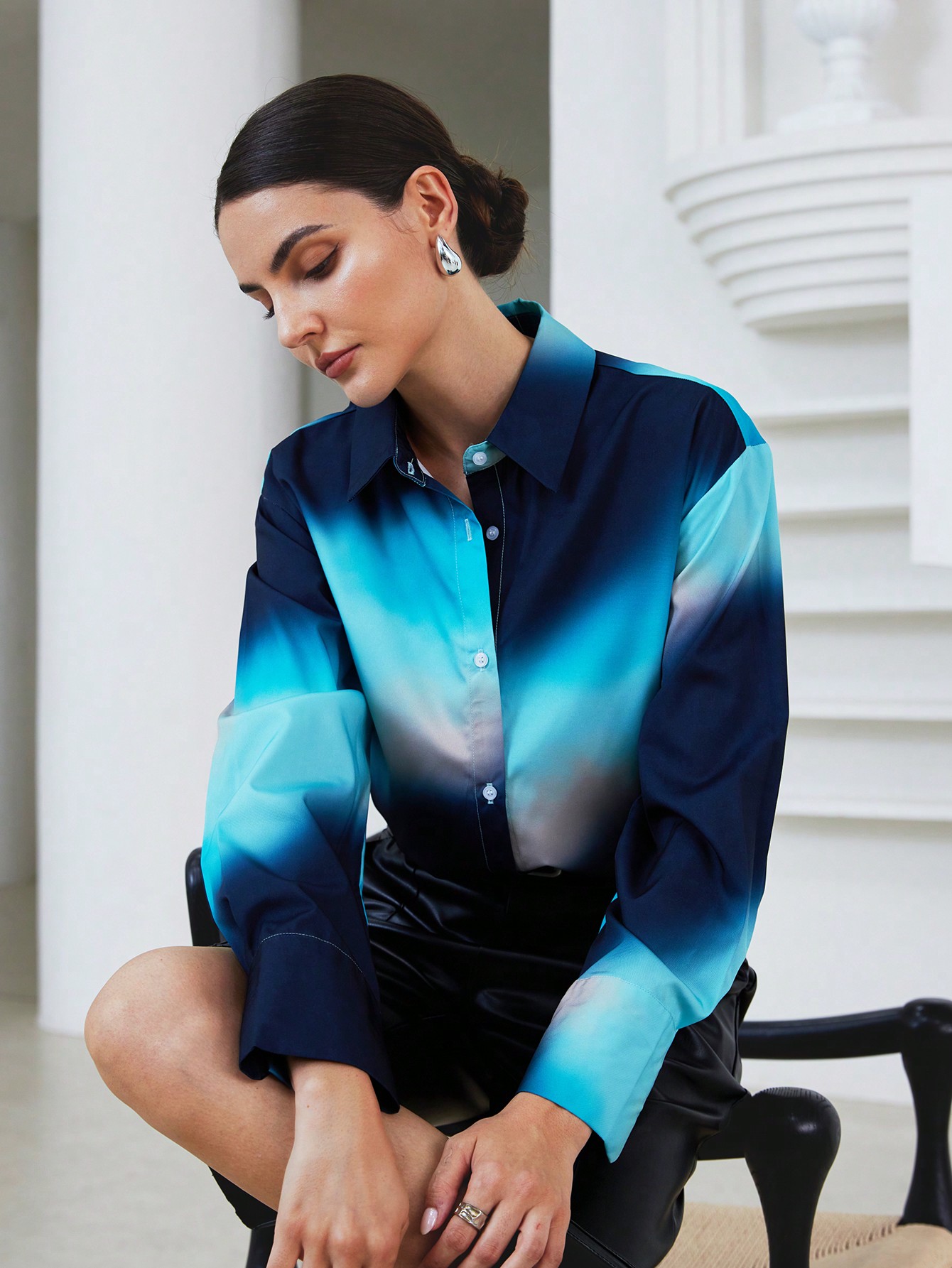 Women's Spring Summer Tie-Dye Tie Dye Print Button Up Long Sleeve Loose Shirt