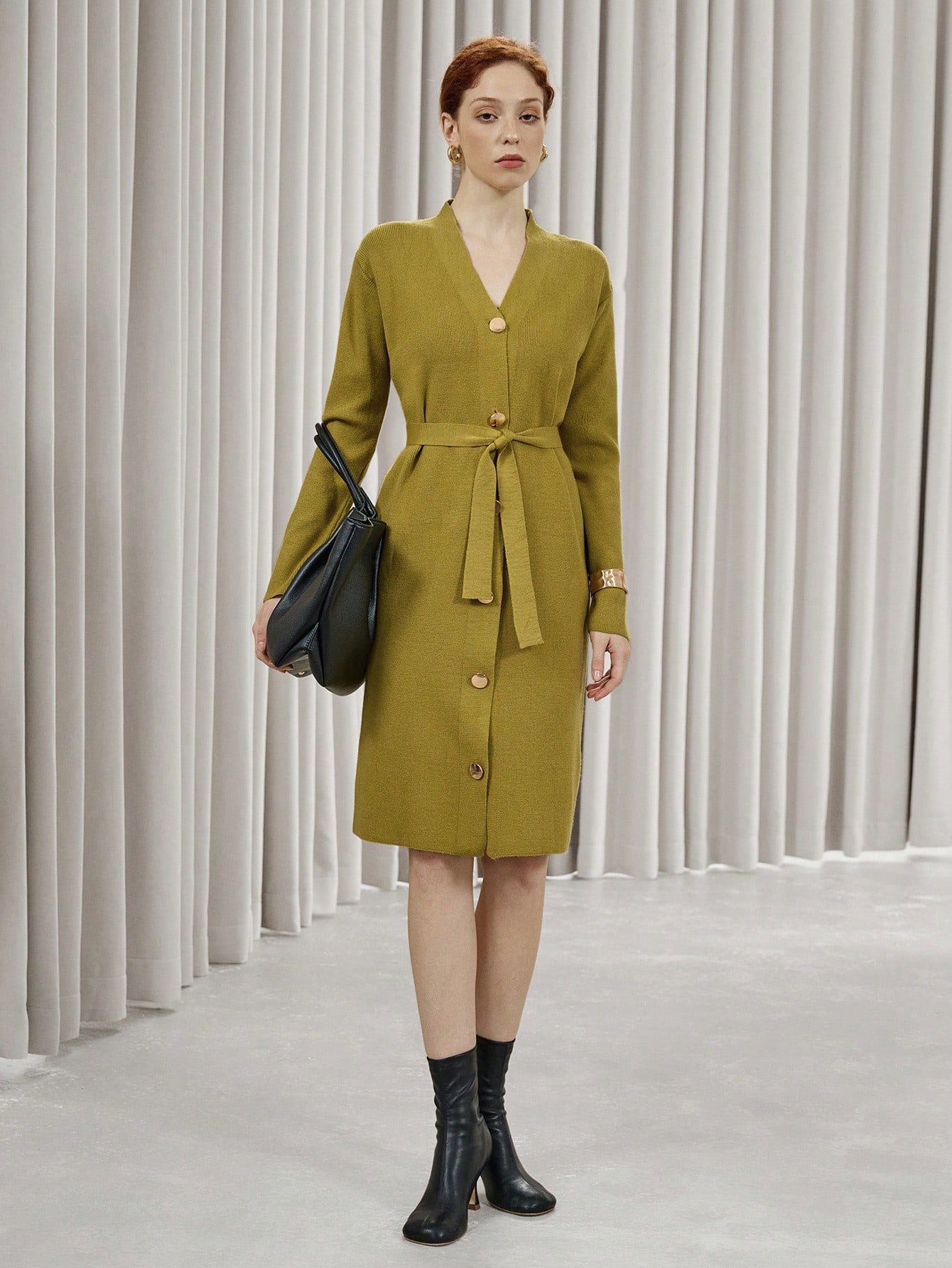 Women's Golden Button Decorative Belt Knit Sweater Dress, Cardigan Style, Autumn/Winter