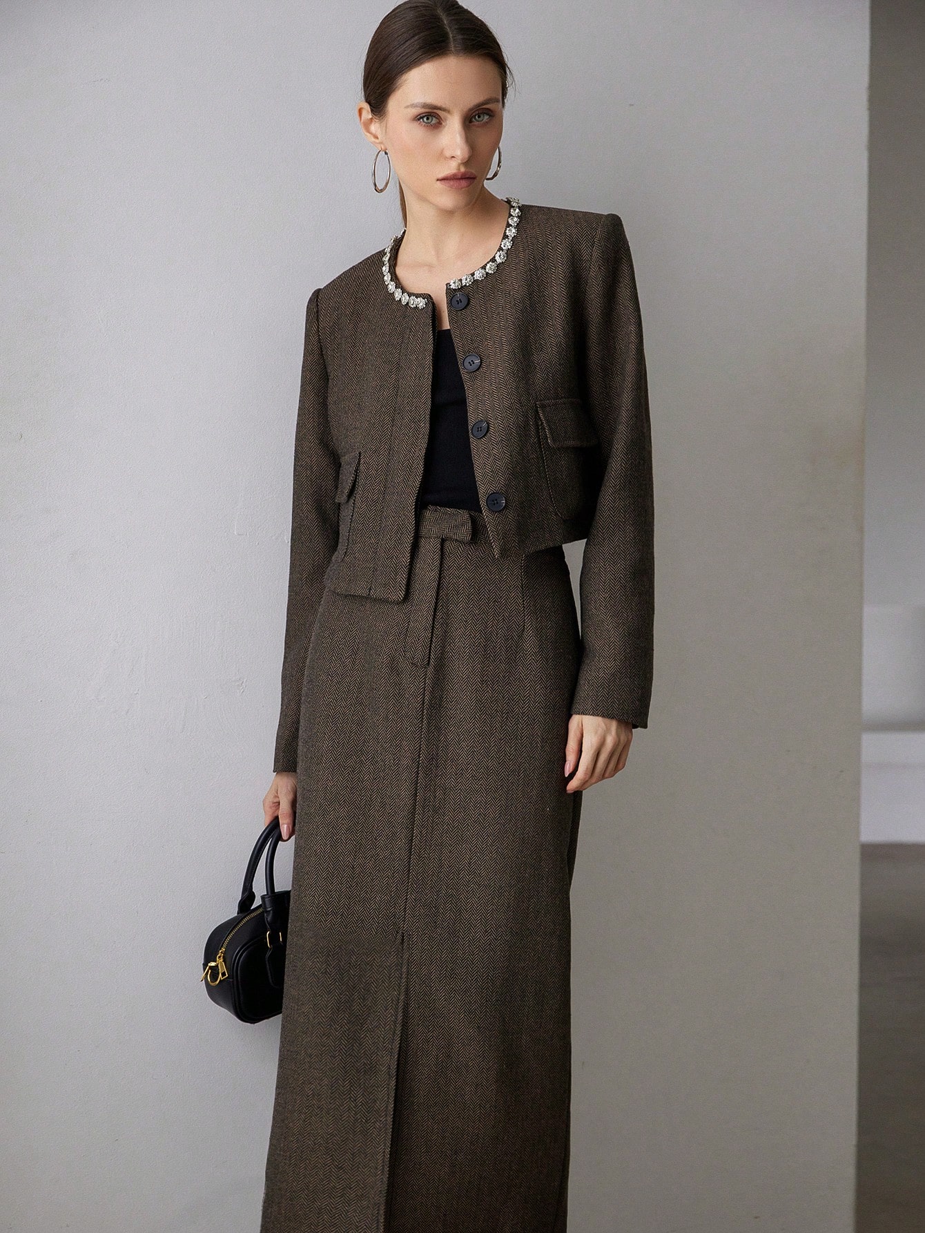 2pcs Women's Elegant Jeweled Long Skirt Set Elegant Business Casual Women